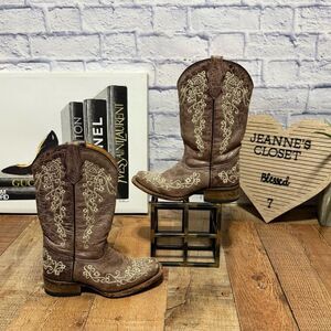 Corral Teens Western Boots Girls Sz 2 Gray Bone Embroidered Cowgirl Square Toe
